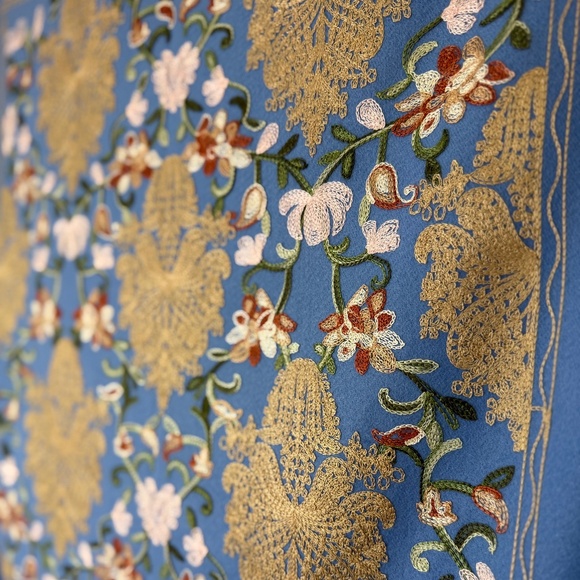 Blue Embroidered Wool Blend Scarf Made in Nepal – Floral Golden Tapestry Wrap - Picture 6 of 9